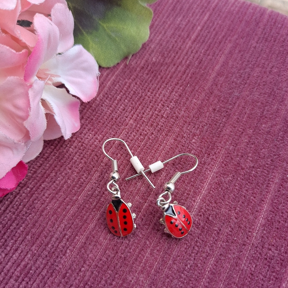 Silvertone And Red Enamel Ladybug Earrings